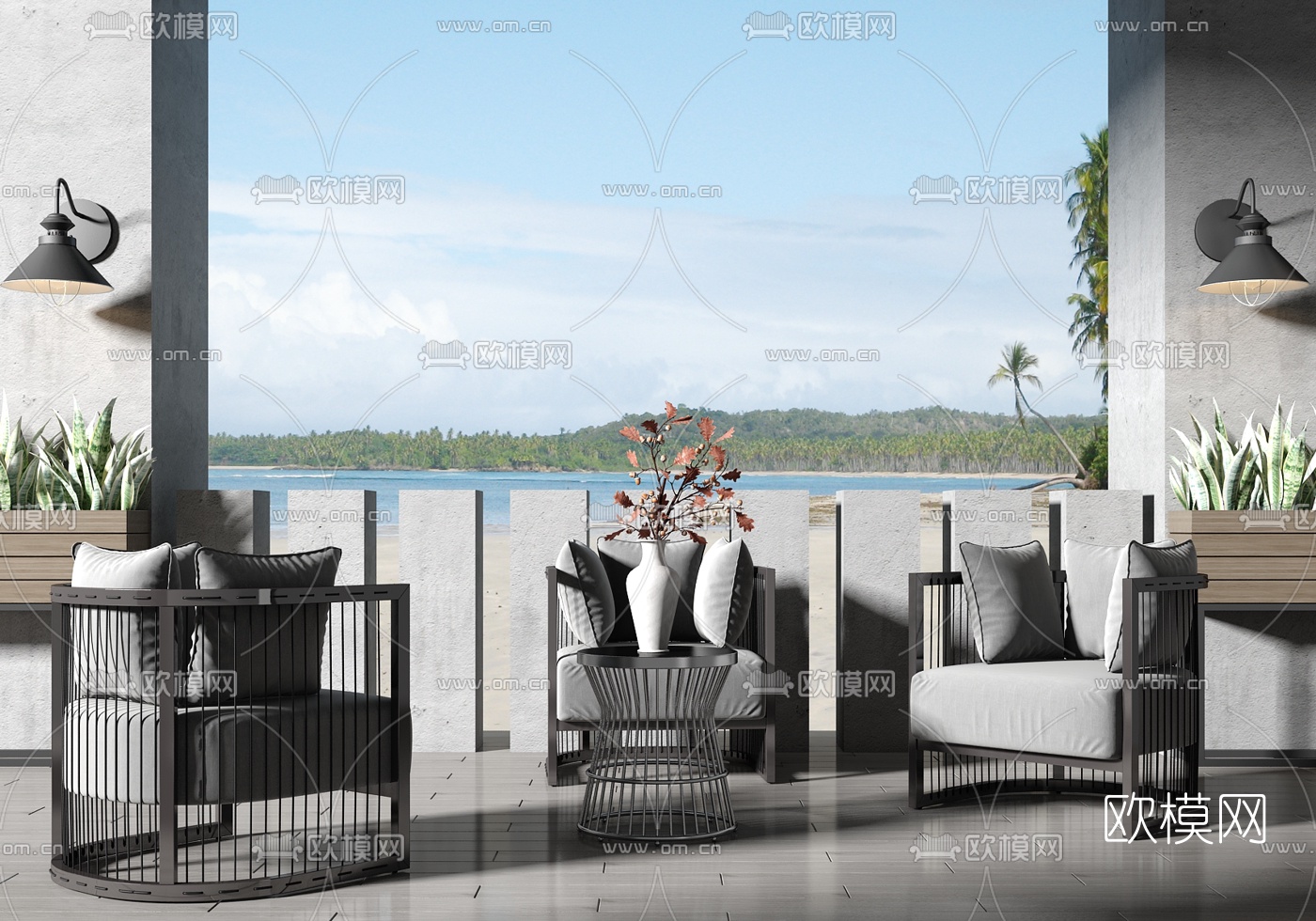 新中式户外布艺休闲椅角几3d模型下载