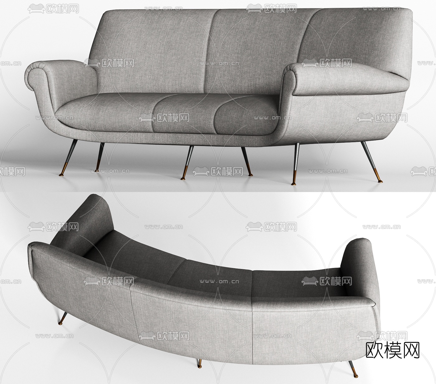 现代灰色布艺弧形多人沙发3D模型