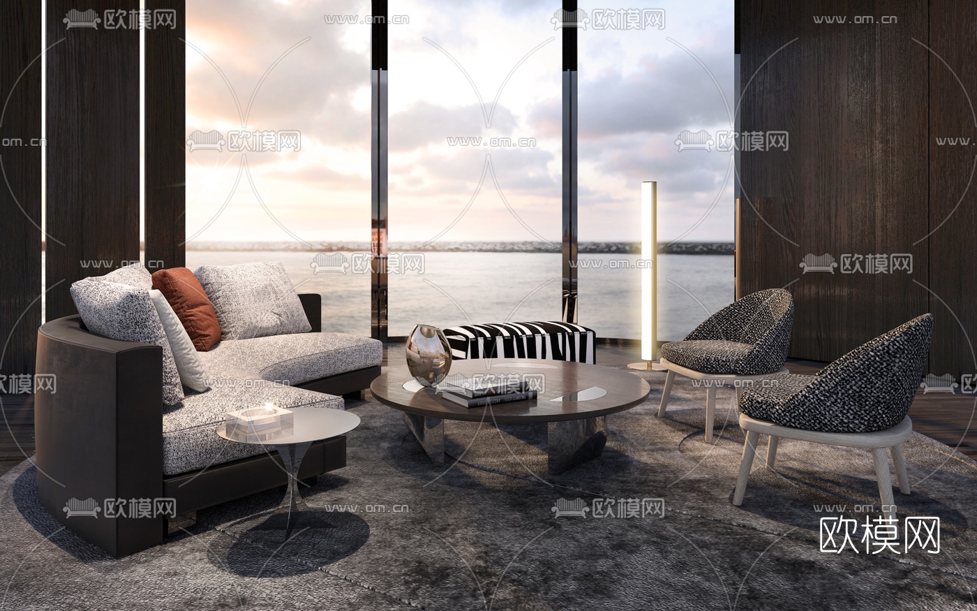 意大利Minotti品牌 现代弧形沙发组合3d模型下载（渲染图1）