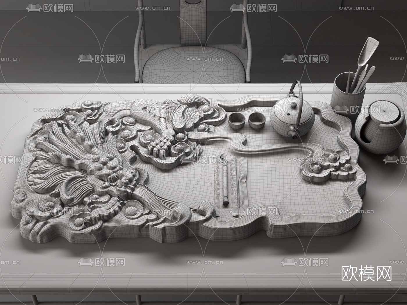 中式茶盘茶具组合3d模型下载（渲染图2）