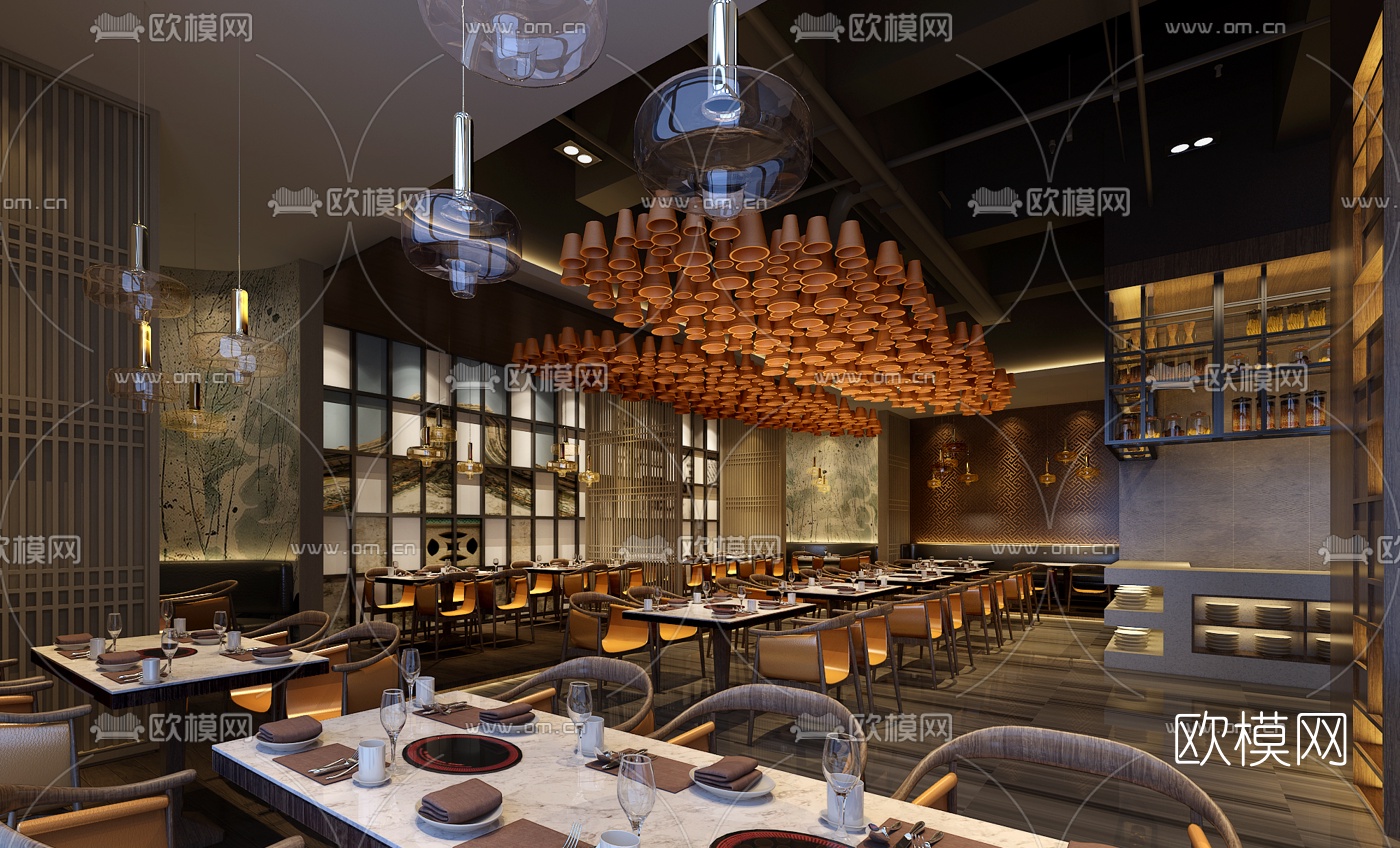 新中式混搭主题餐厅3D模型下载