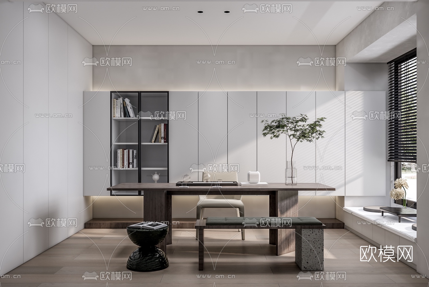 新中式书房su模型下载（渲染图1）