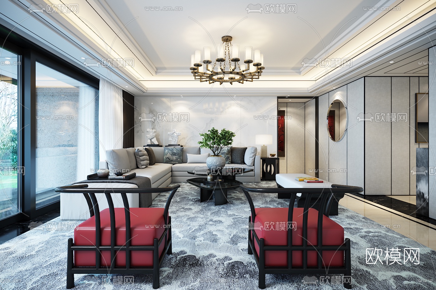 于计设计中式客厅3D模型下载（渲染图1）