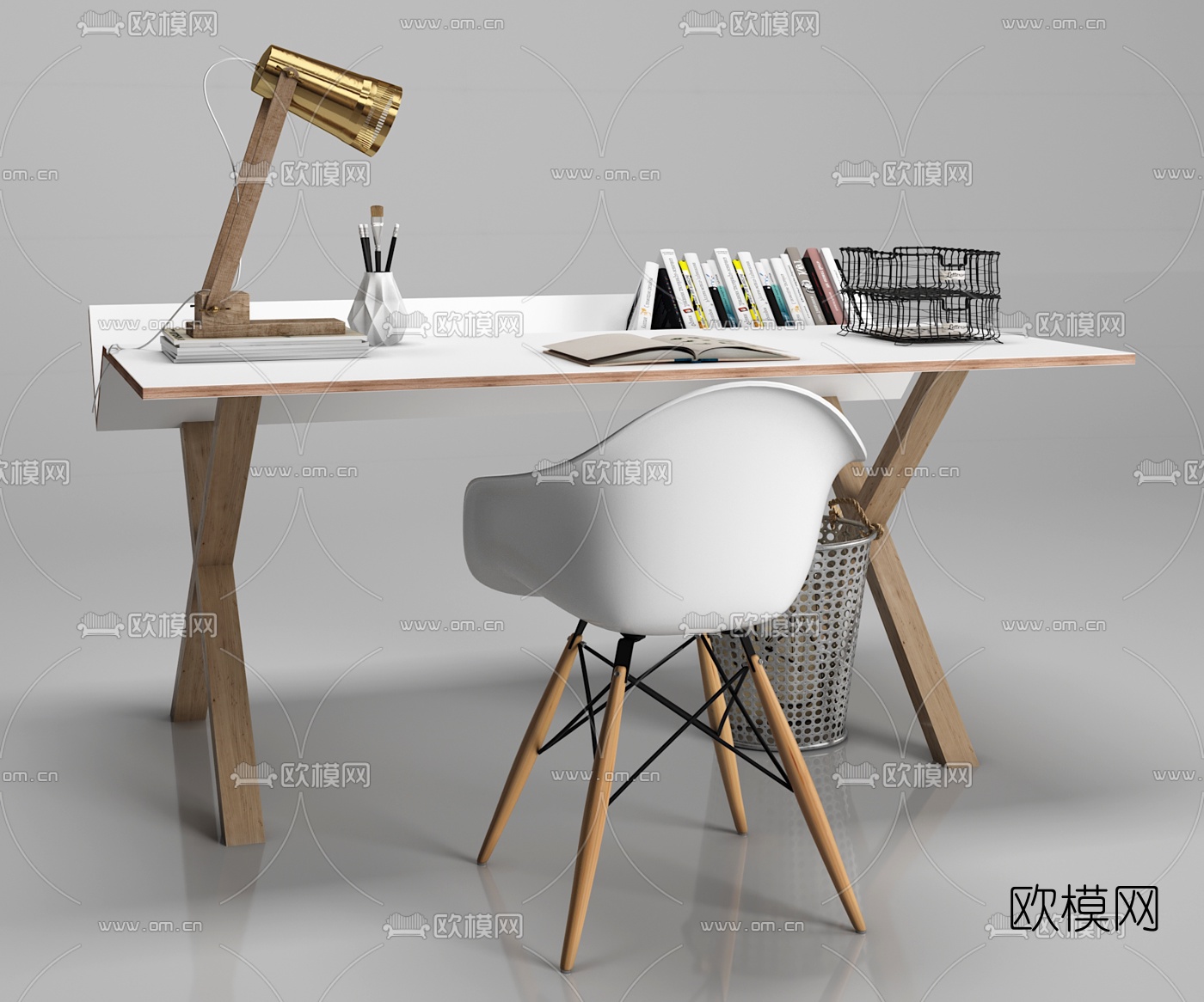 北欧实木办公桌椅组合3D模型