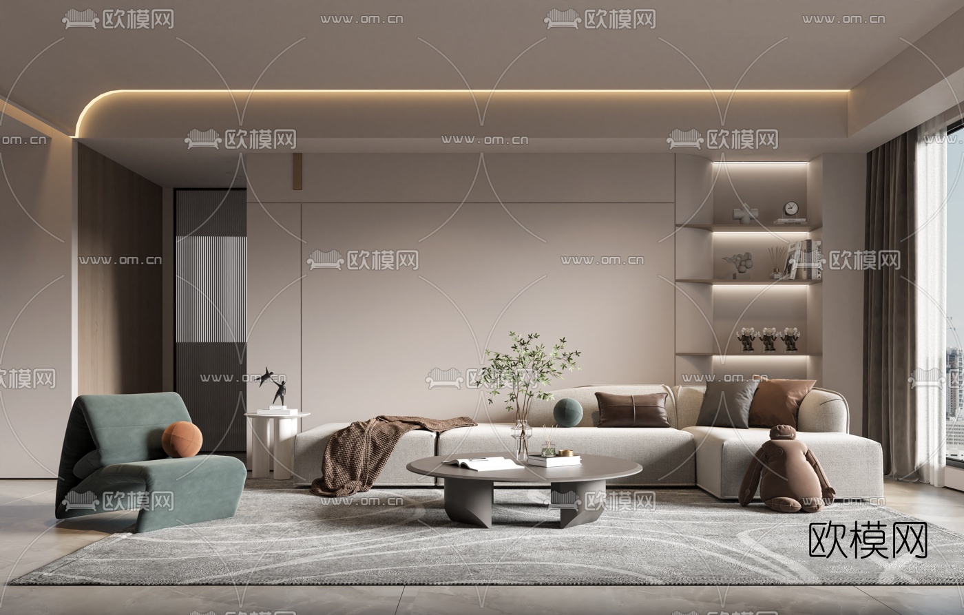 现代布艺转角沙发组合3d模型下载（渲染图1）