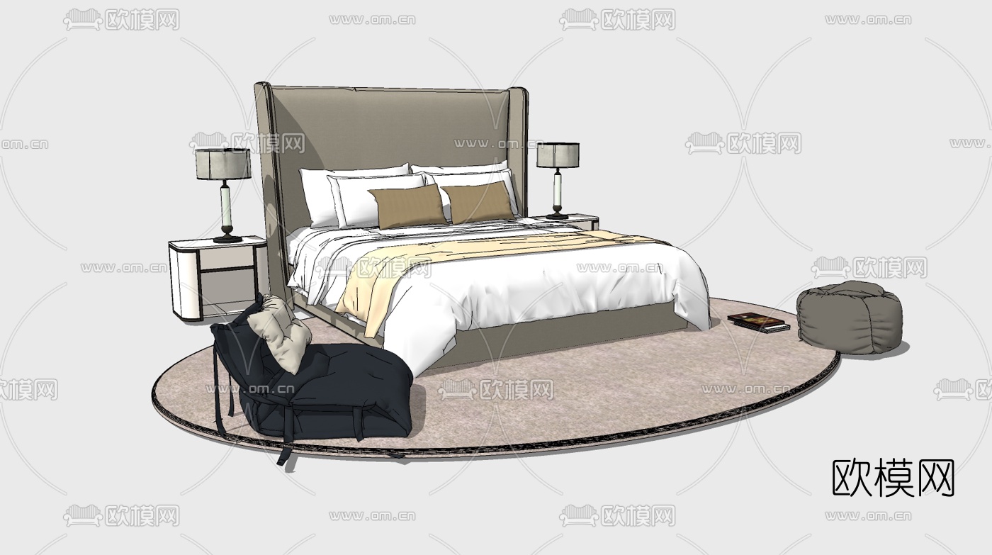 现代双人床组合su模型下载（渲染图1）