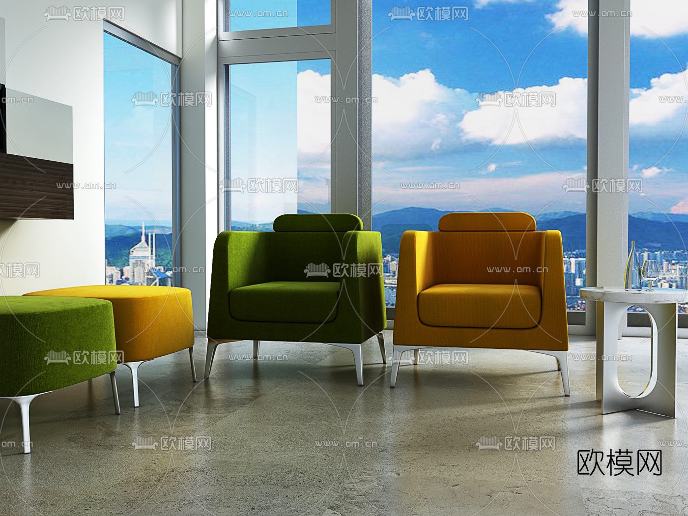 现代时尚办公单人沙发脚踏3d模型下载（渲染图2）