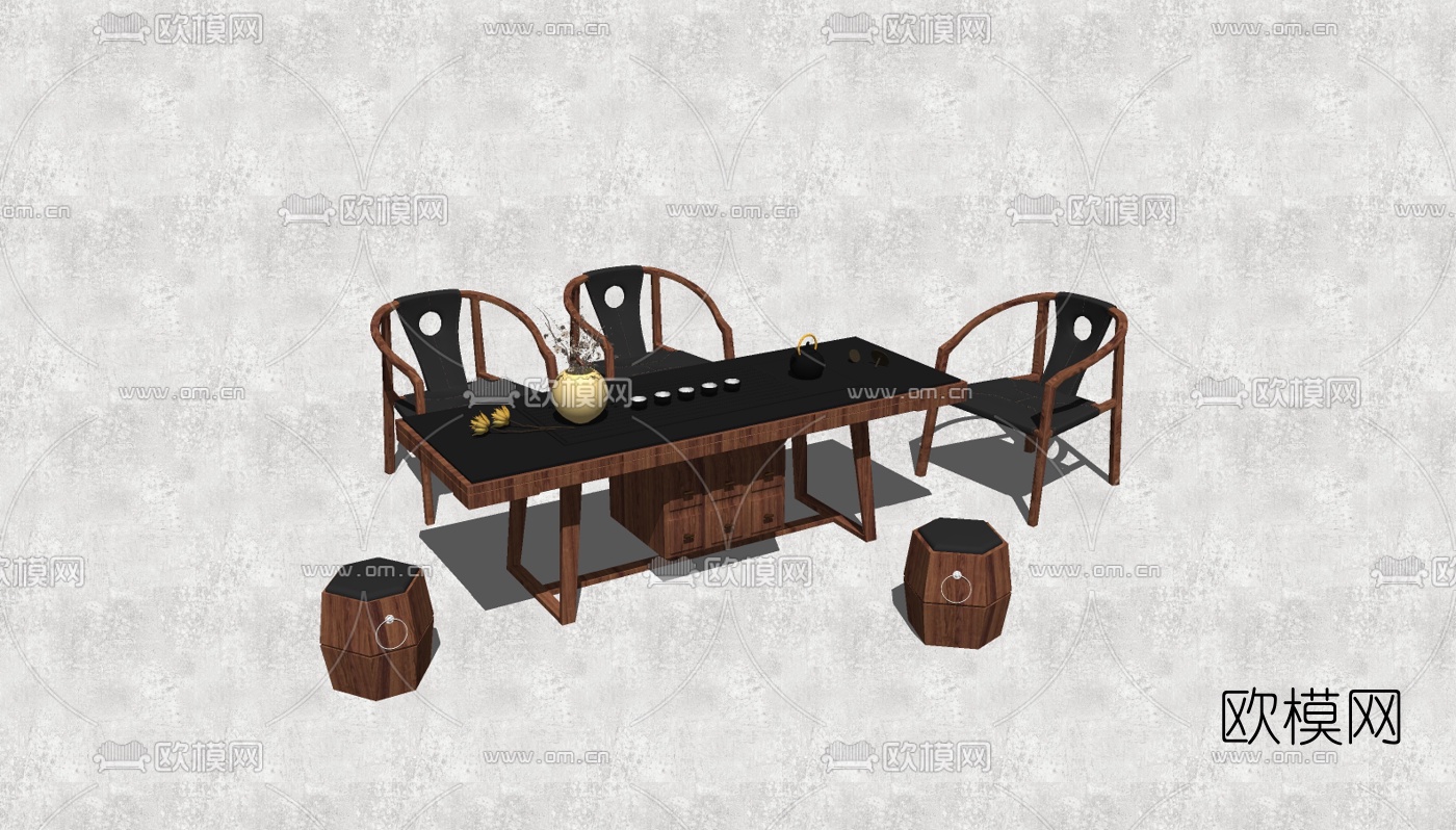 新中式茶桌椅组合su模型下载（渲染图3）