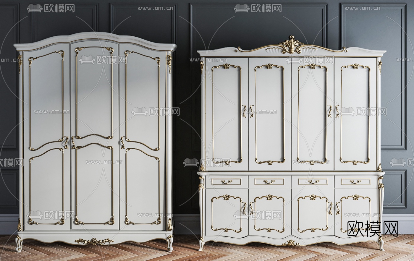 欧式白色衣柜组合3d模型下载