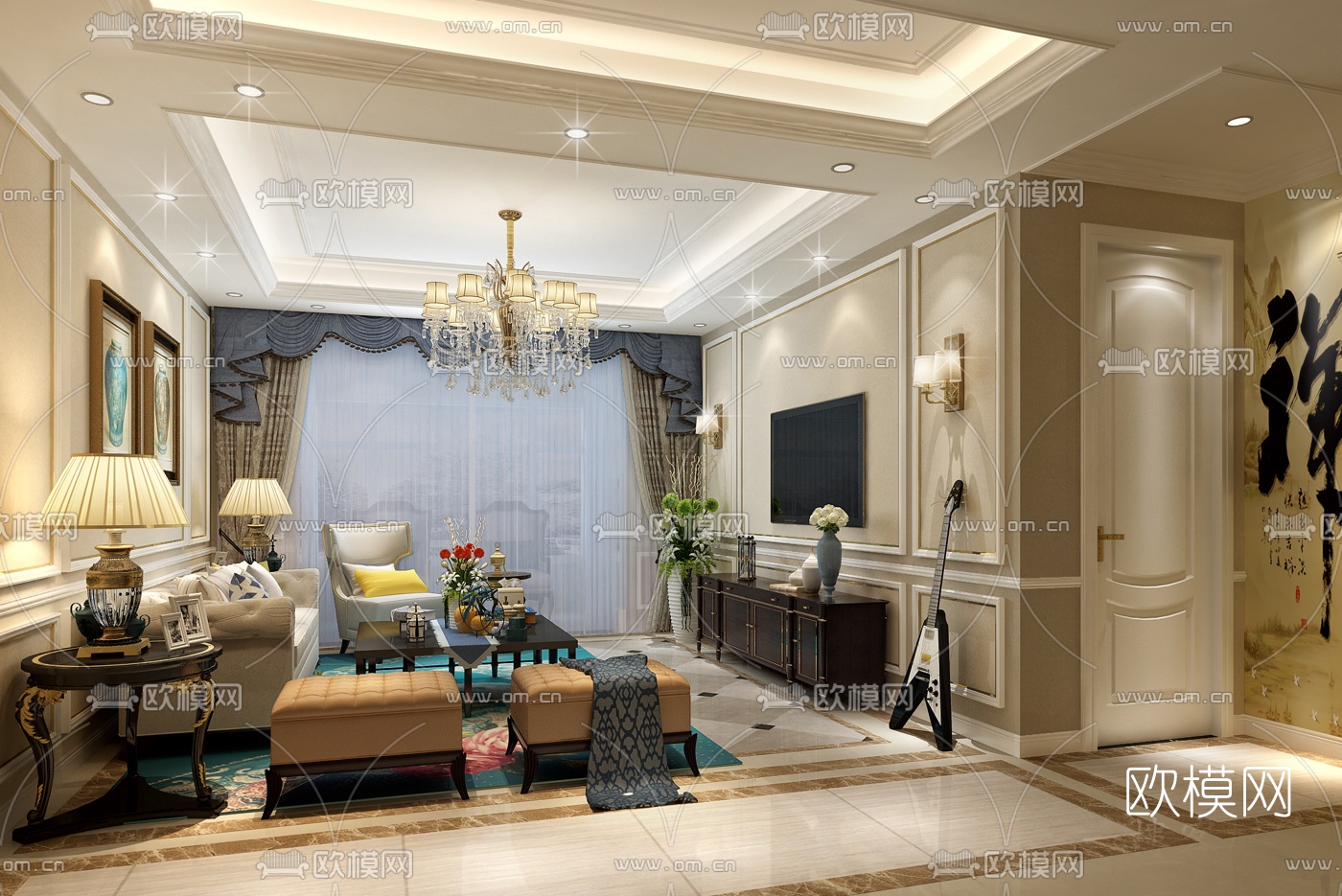简欧客厅免费3d模型-免费3dmax模型库-欧模网