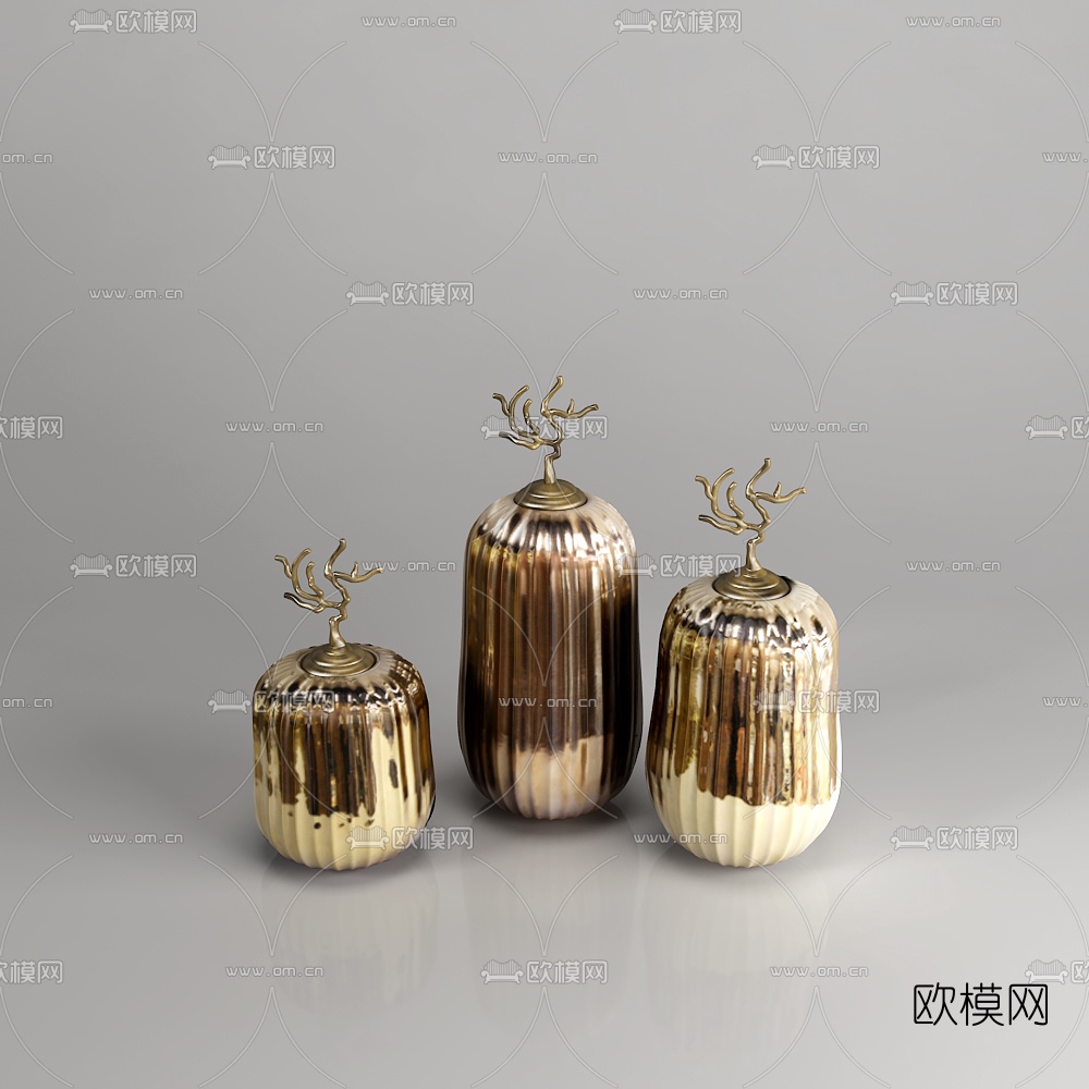 新中式金属陶瓷花瓶器皿摆件组合3D模型下载（渲染图3）