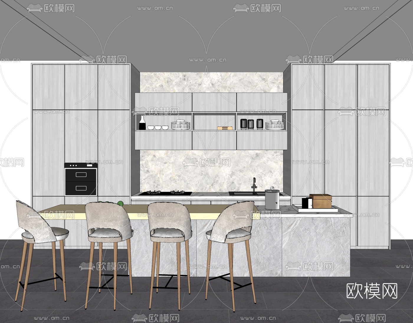 现代橱柜吧台组合su模型下载（渲染图1）