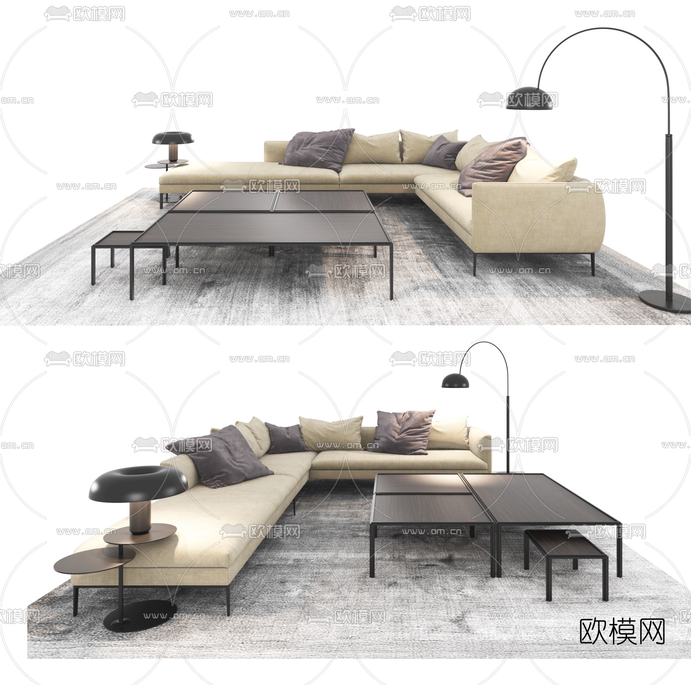 现代布艺转角多人沙发茶几落地灯组合3D模型-免费3dmax模型库-欧模网