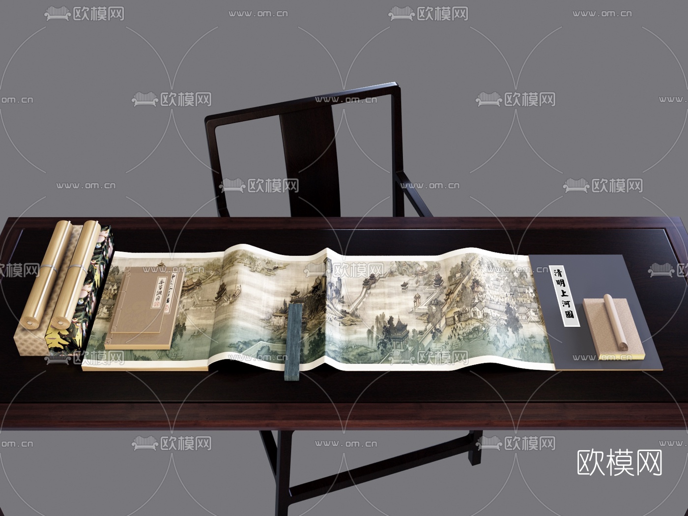 新中式实木书桌椅3d模型下载（渲染图1）