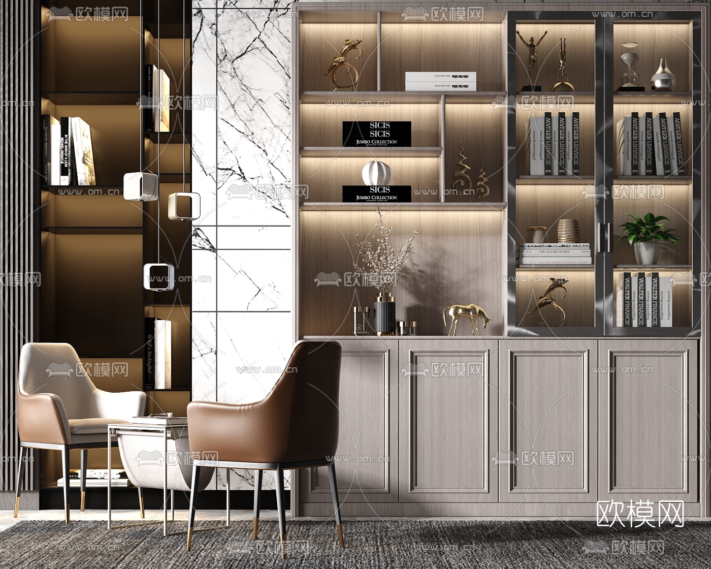 现代轻奢书柜su模型下载（渲染图1）