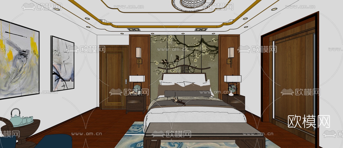 新中式卧室主人房su模型下载（渲染图2）