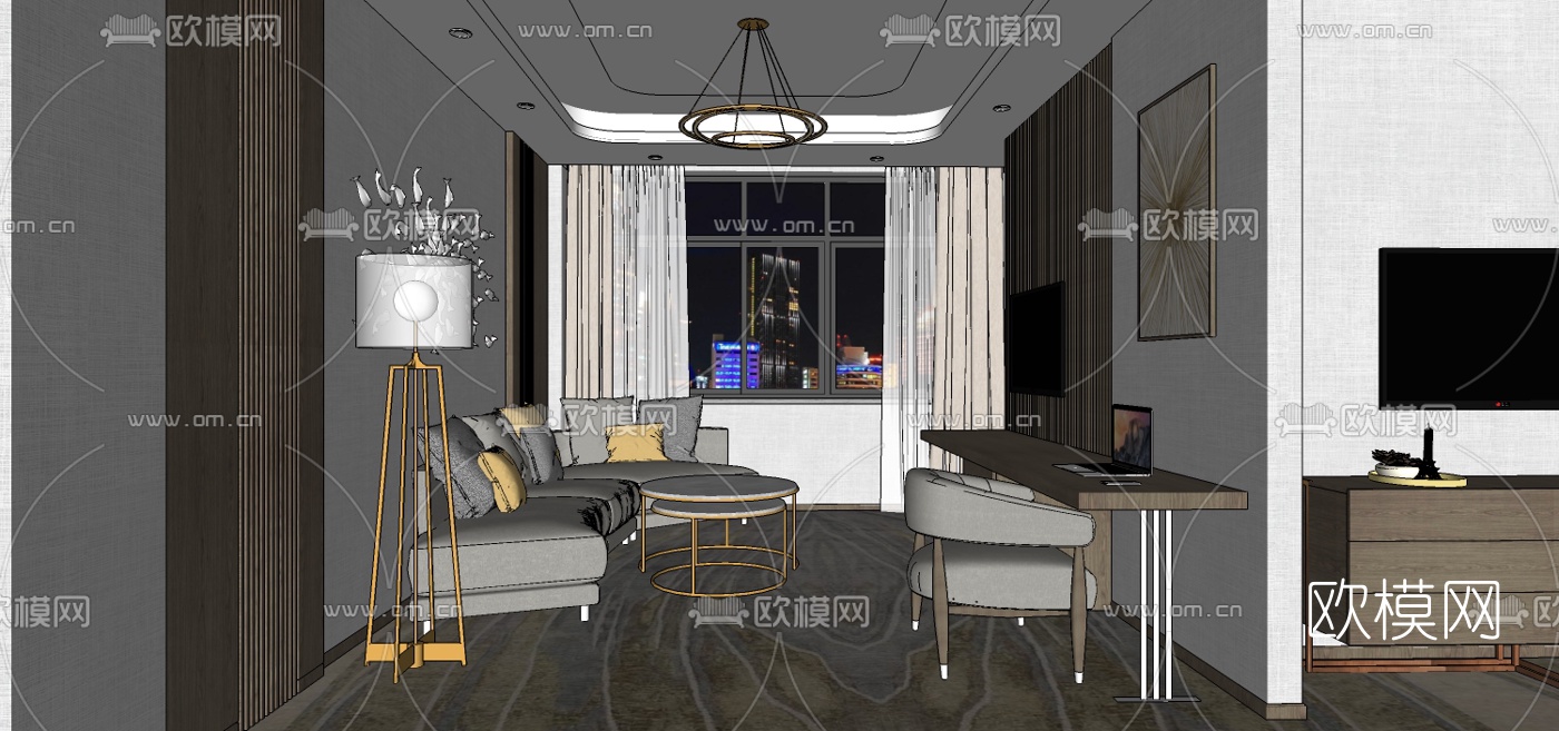 新中式酒店客房su模型