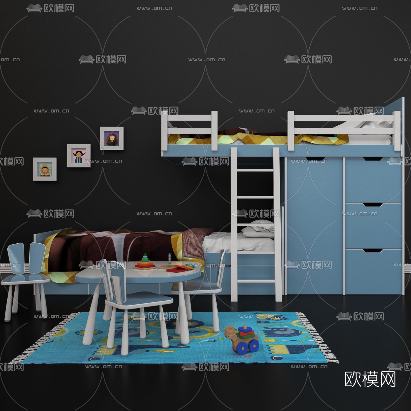 北欧上下铺儿童床3d模型下载