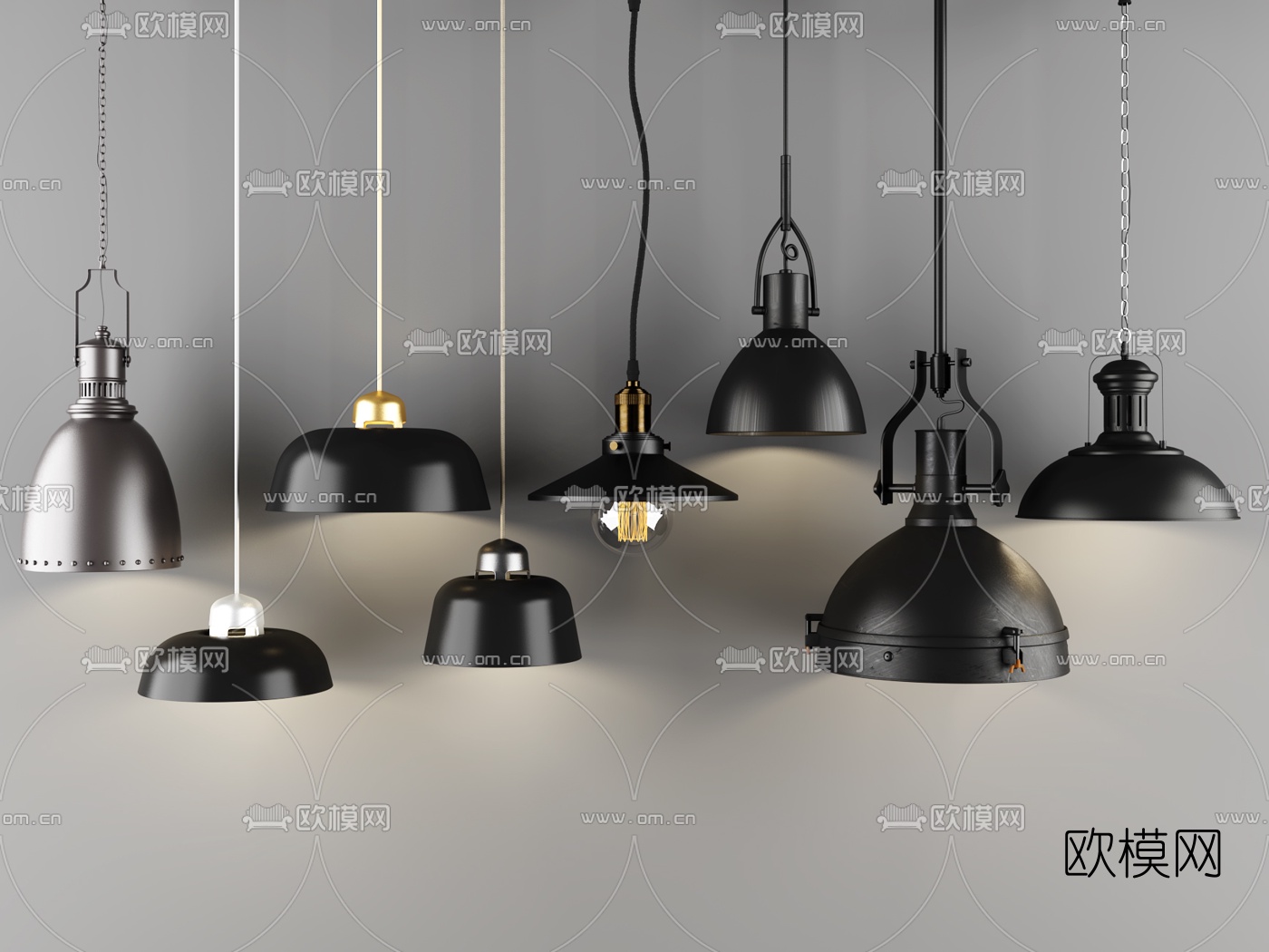 工业风金属单头吊灯组合3D模型下载