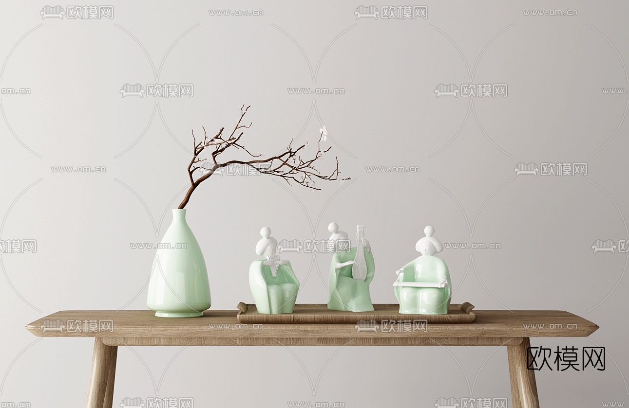 日式实木端景条案人物雕塑花瓶3D模型下载