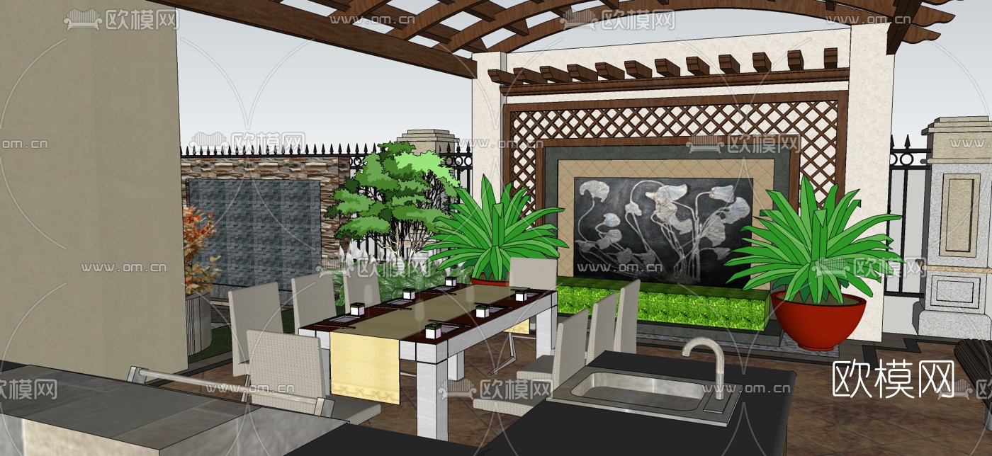 欧式别墅花园su模型下载（渲染图2）