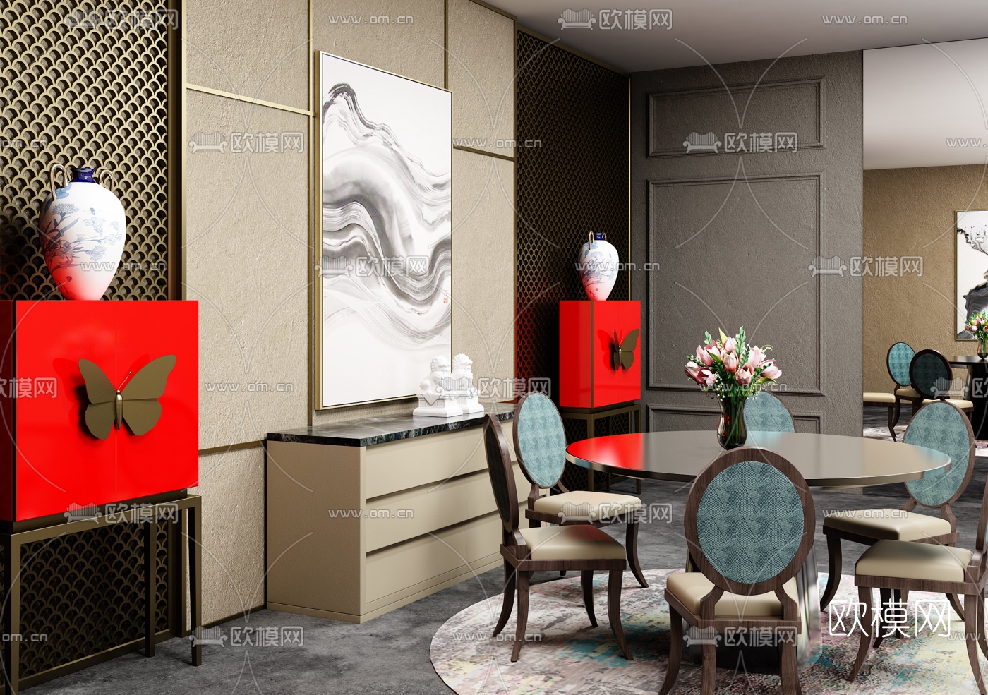 新中式餐桌椅3d模型