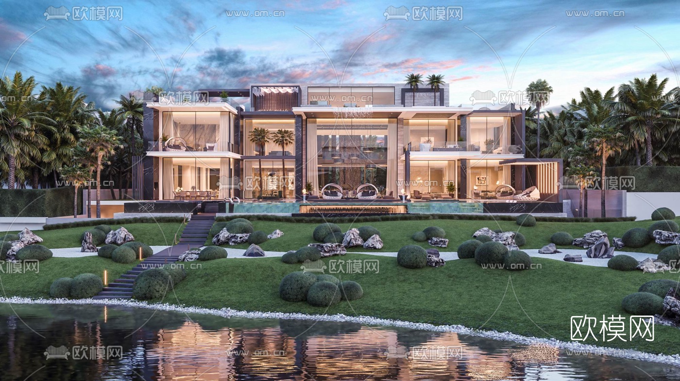 现代独栋别墅su模型下载（渲染图1）