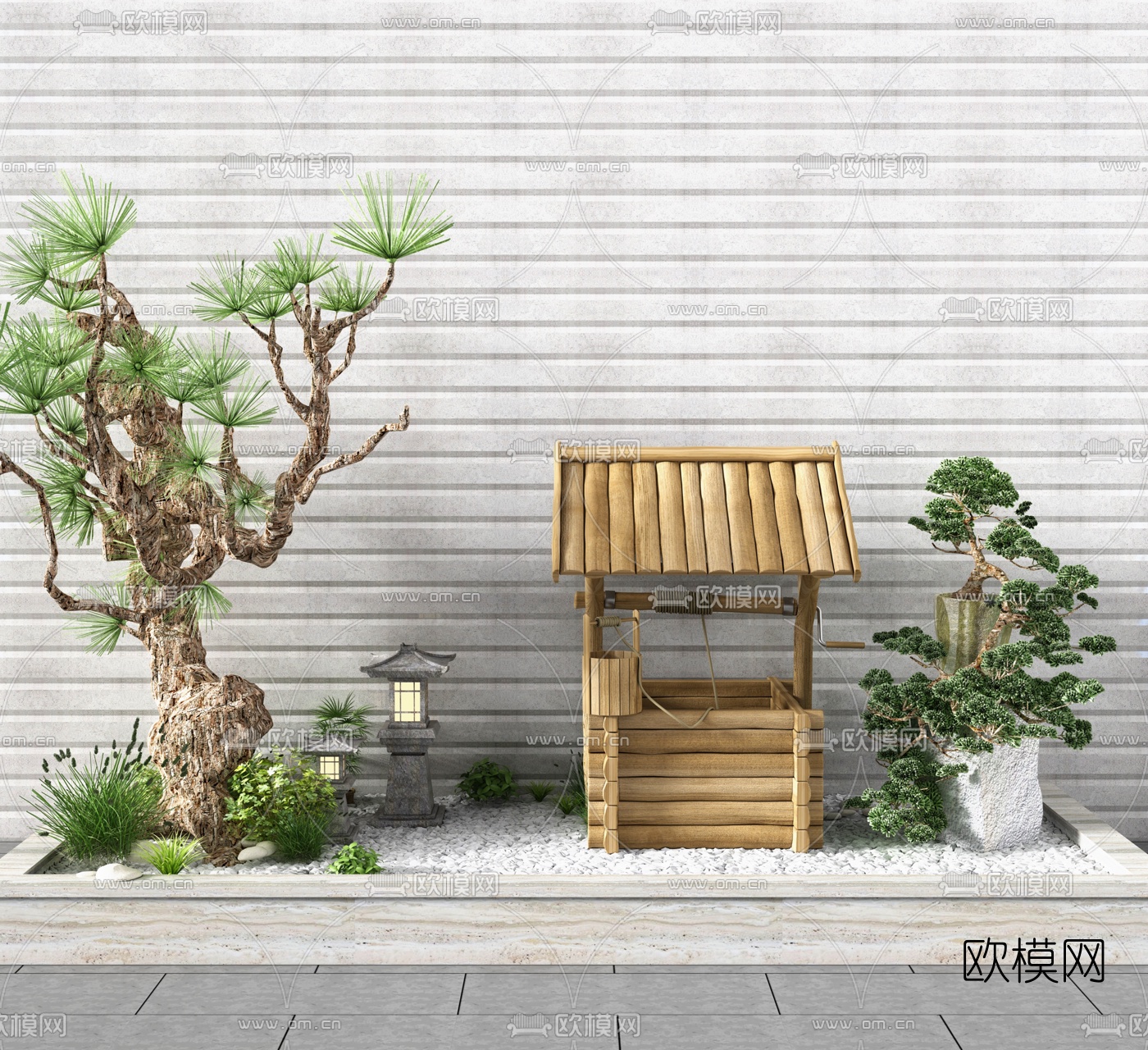 新中式水井松树景观小品3d模型