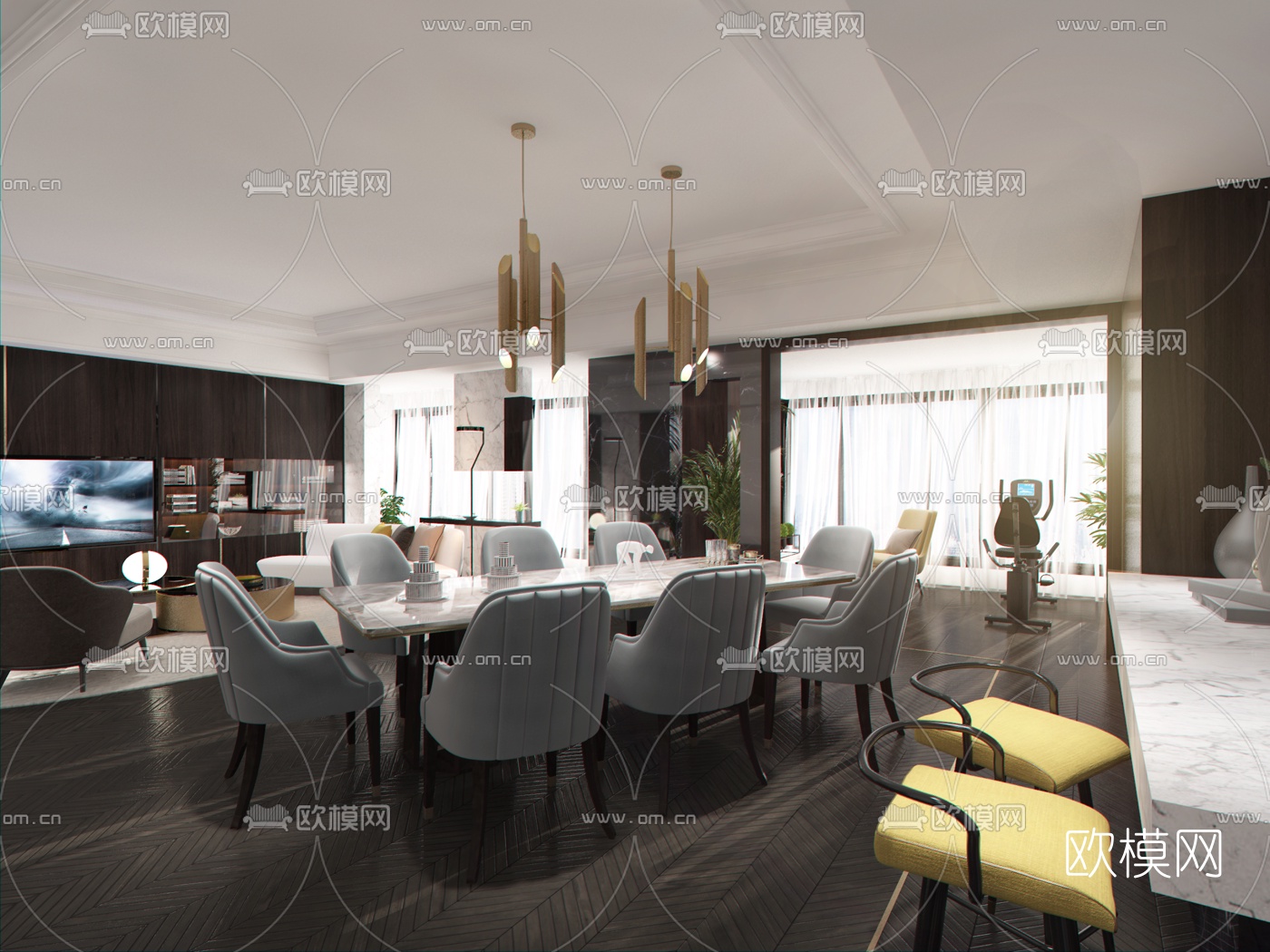 后现代客厅餐厅厨房3d模型