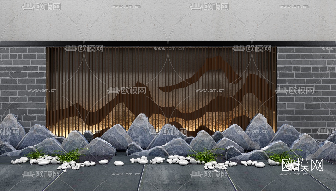 新中式假山背景墙景观3d模型