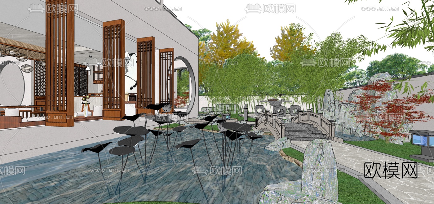 中式会所餐厅su模型下载（渲染图3）