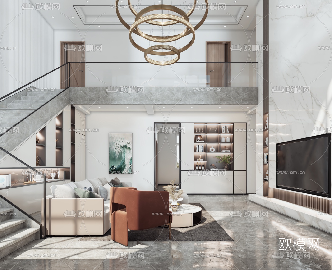 现代别墅客厅餐厅3d模型下载（渲染图2）