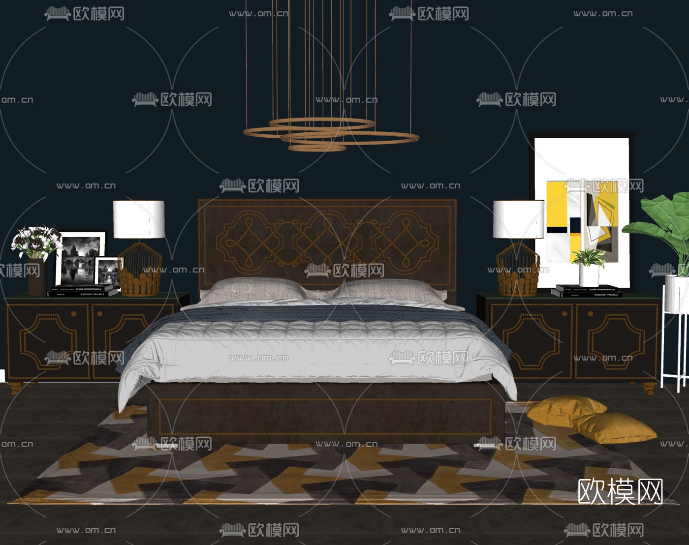 中式轻奢双人床su模型下载