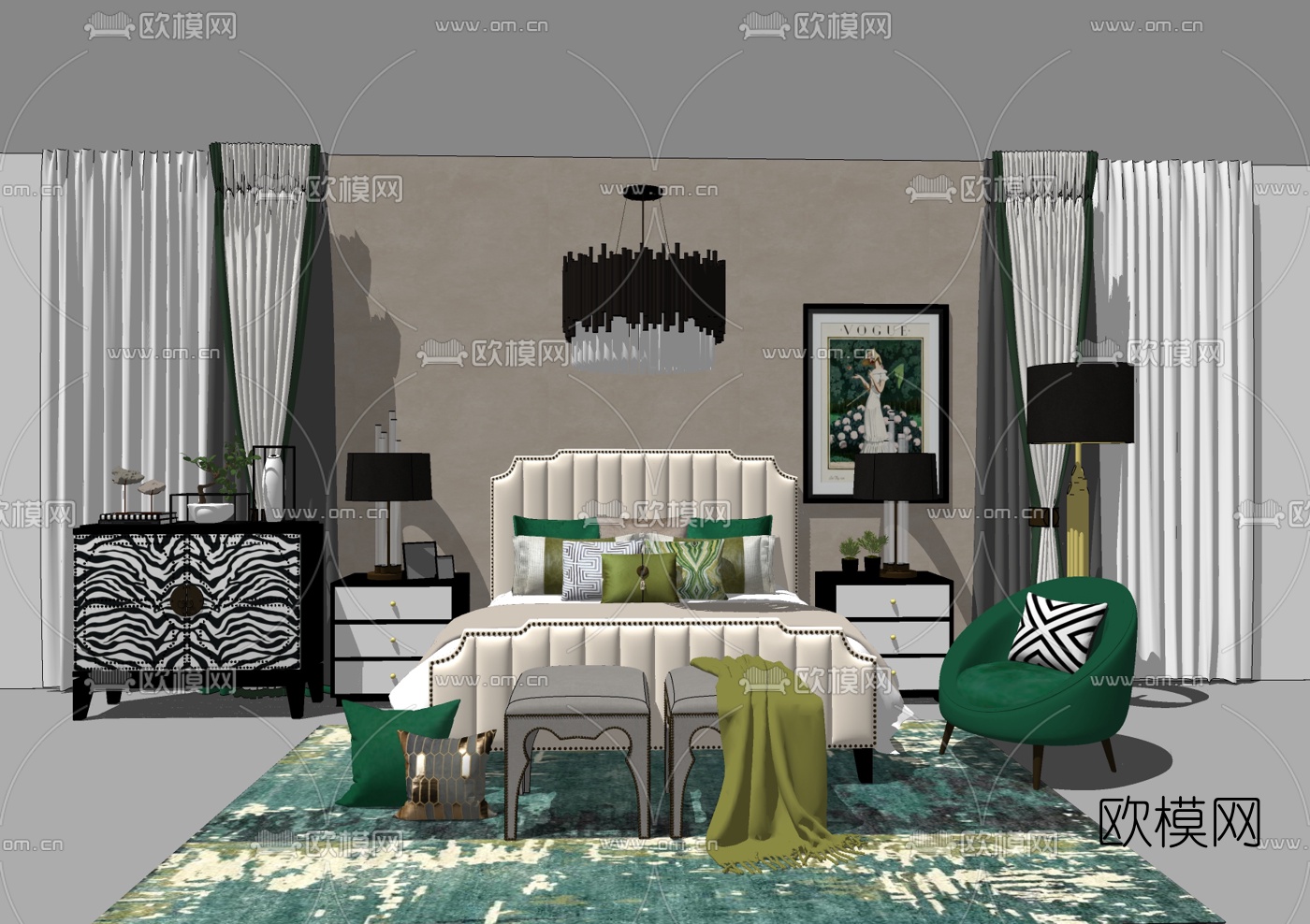 新古典布艺双人床su模型下载