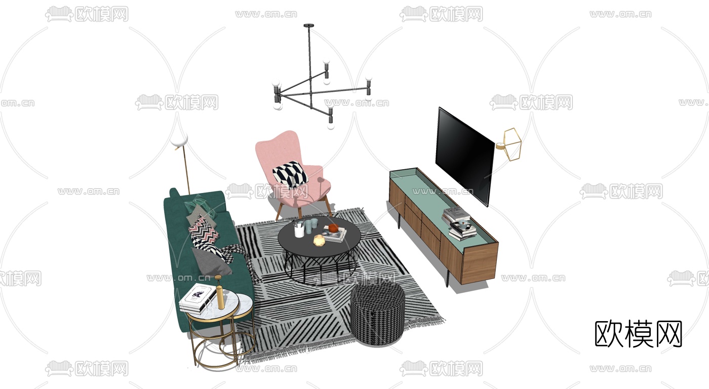 北欧布艺沙发组合su模型下载（渲染图2）