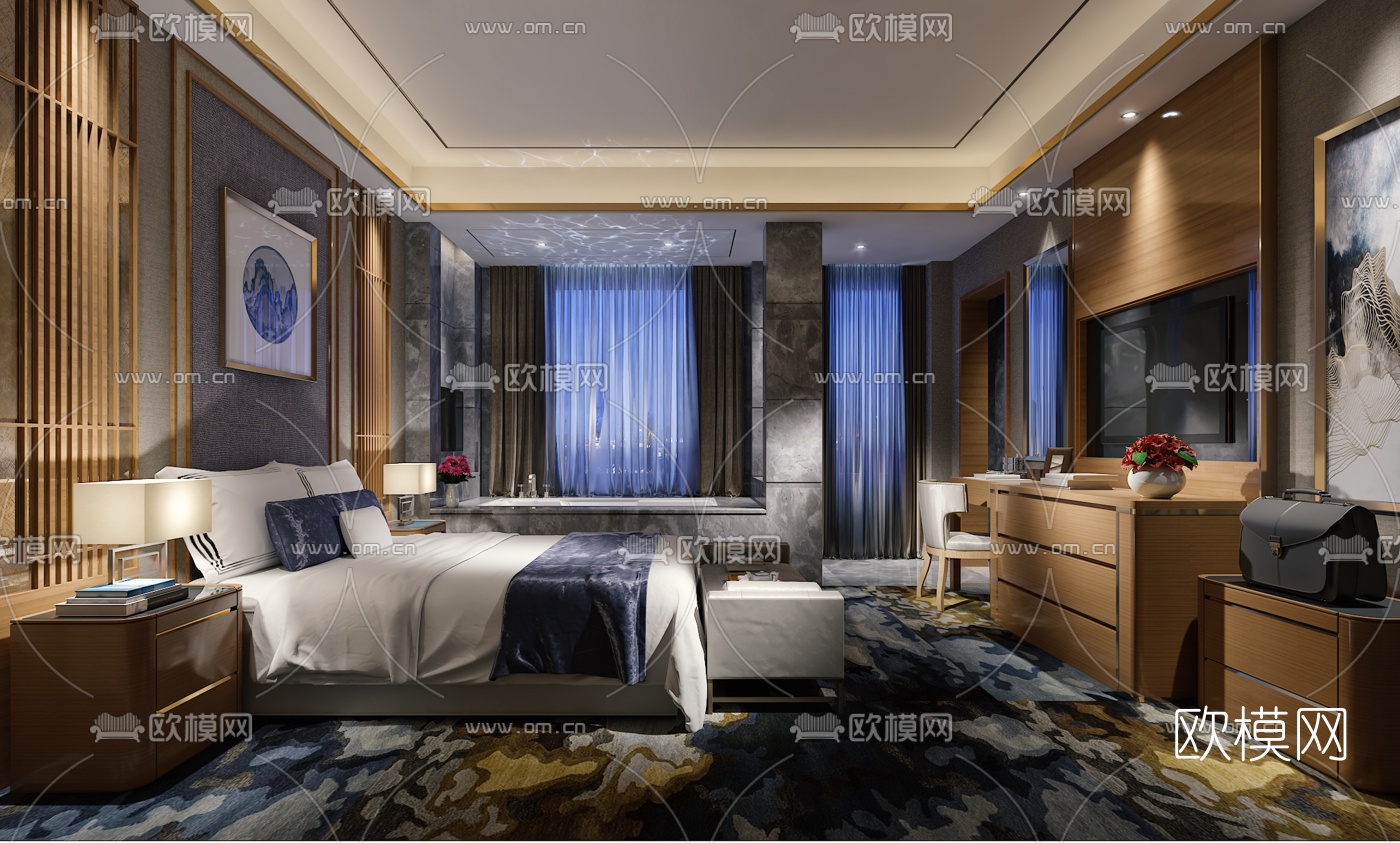 新中式酒店客房标间3D模型下载_ID10166633_3dmax免费模型-欧模网