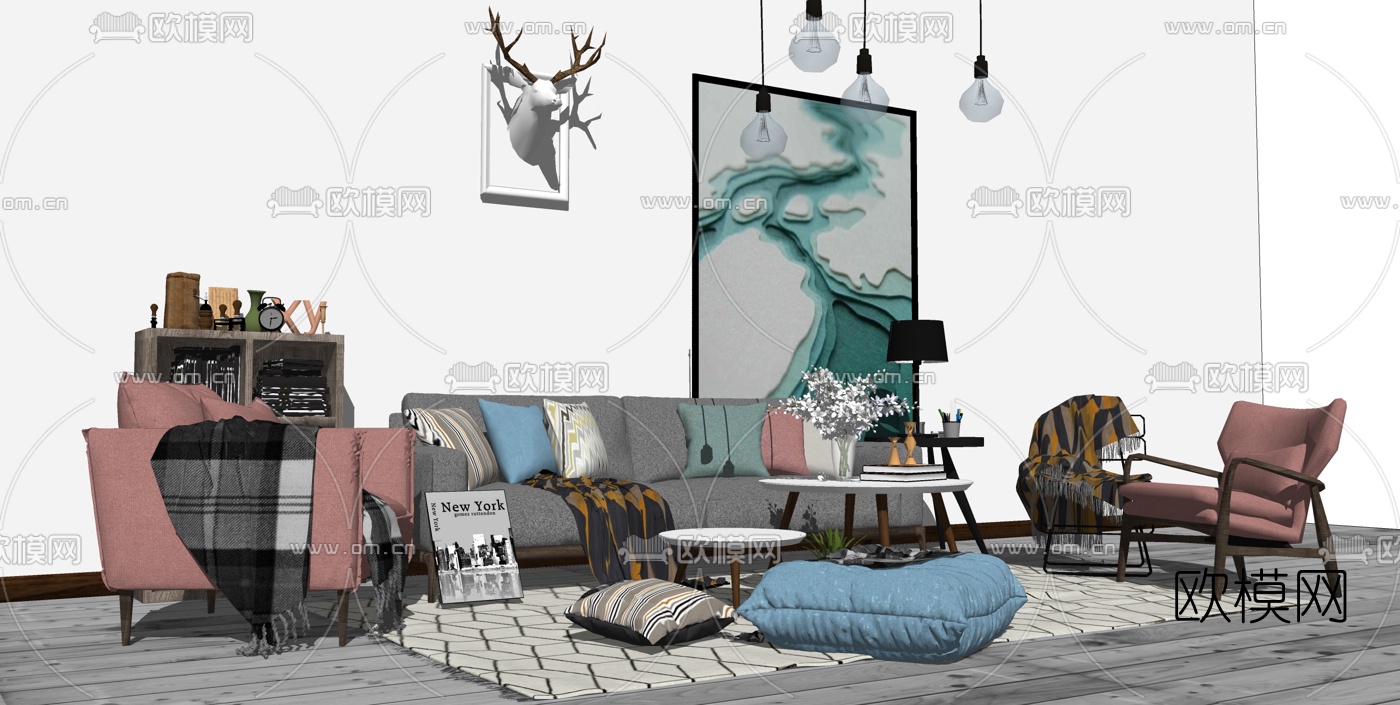 北欧布艺沙发组合su模型下载（渲染图2）