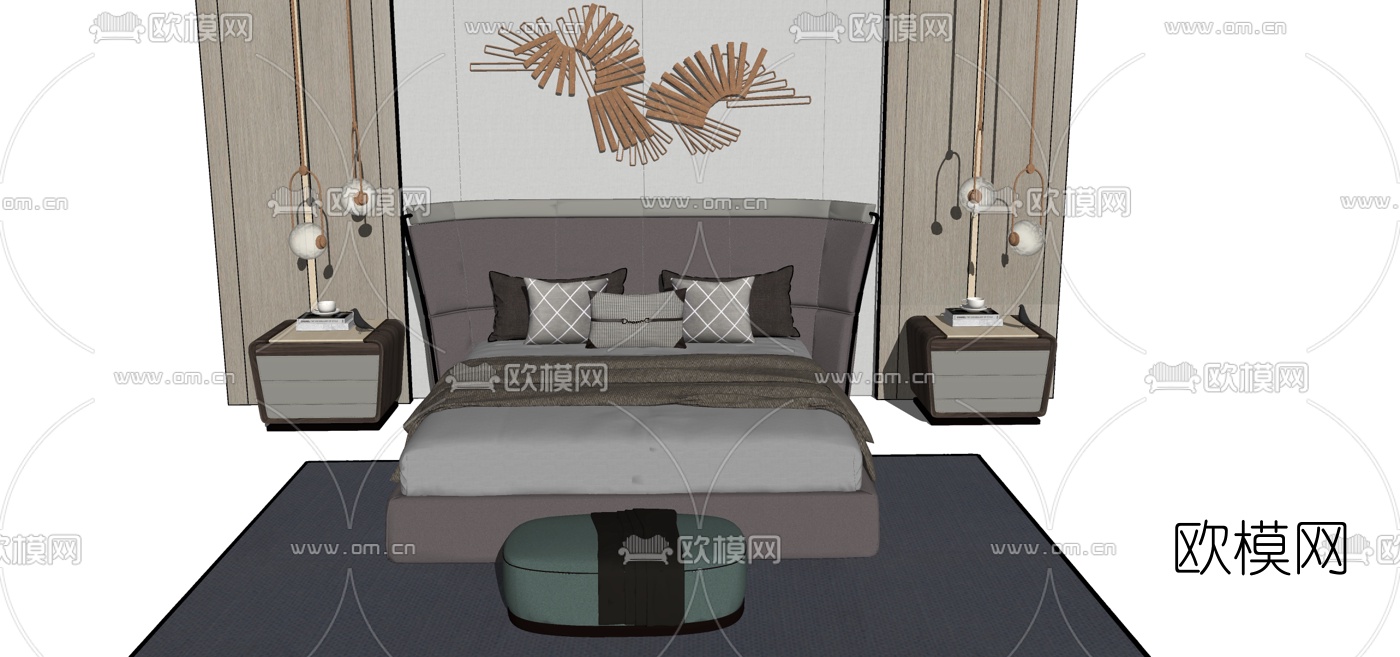 现代布艺双人床su模型下载（渲染图1）
