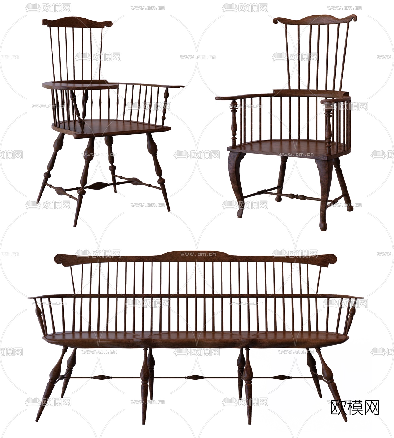 美式田园实木沙发组合3d模型下载