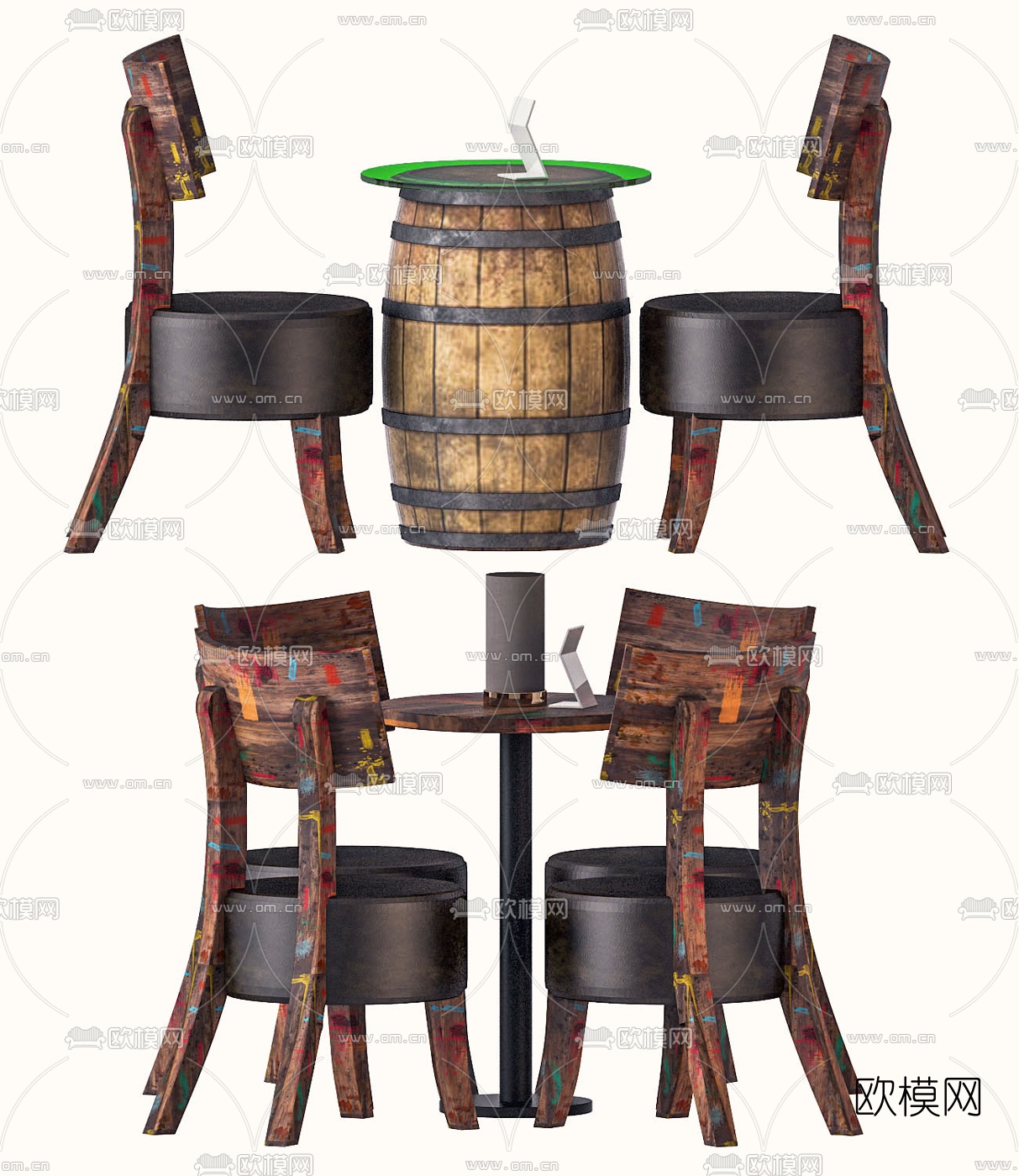 工业风酒桶酒吧桌椅3d模型下载