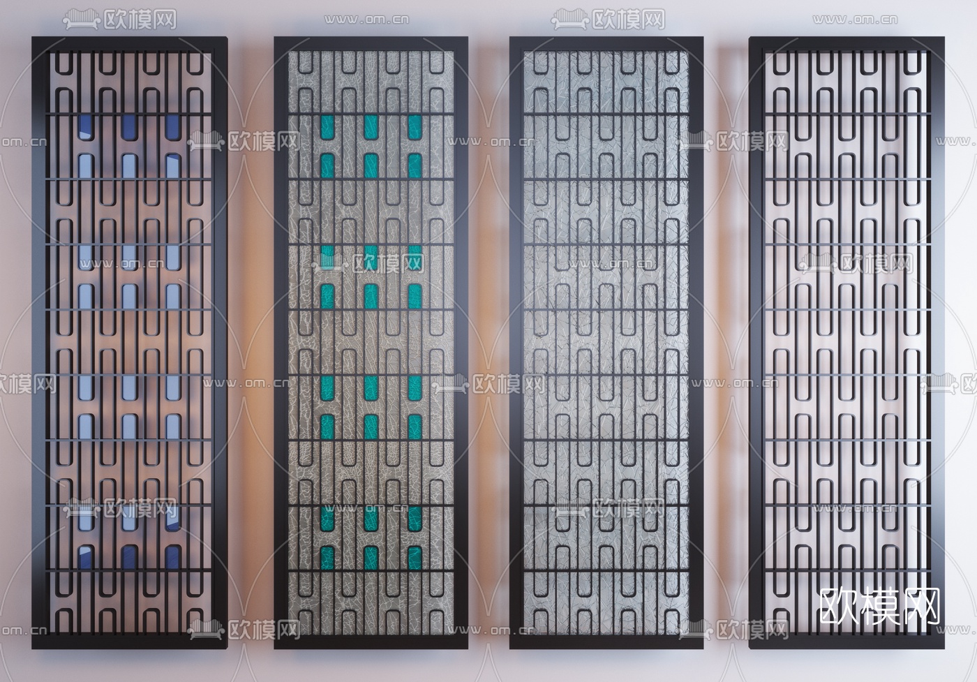 現代花格隔斷冰裂玻璃隔斷組合3d模型