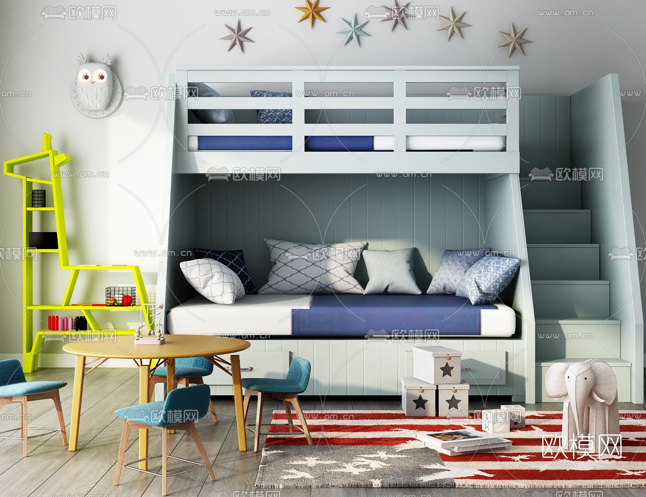 现代实木上下铺儿童床3d模型下载