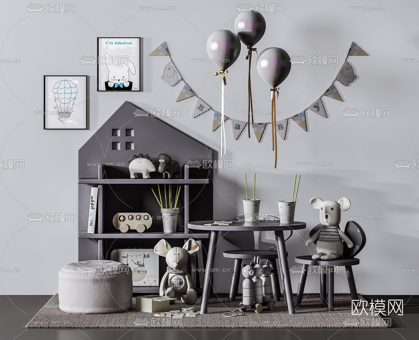 现代儿童桌椅组合3d模型下载（渲染图1）