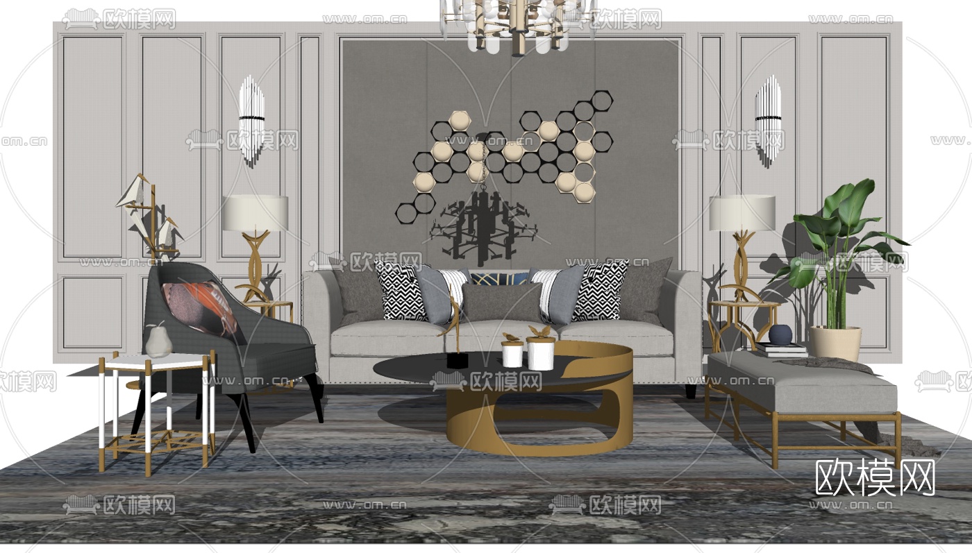 现代轻奢沙发组合su模型下载（渲染图2）