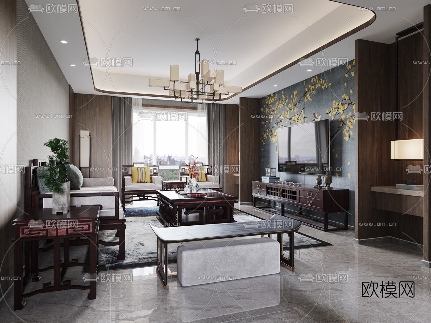 新中式客厅餐厅3d模型下载（渲染图3）