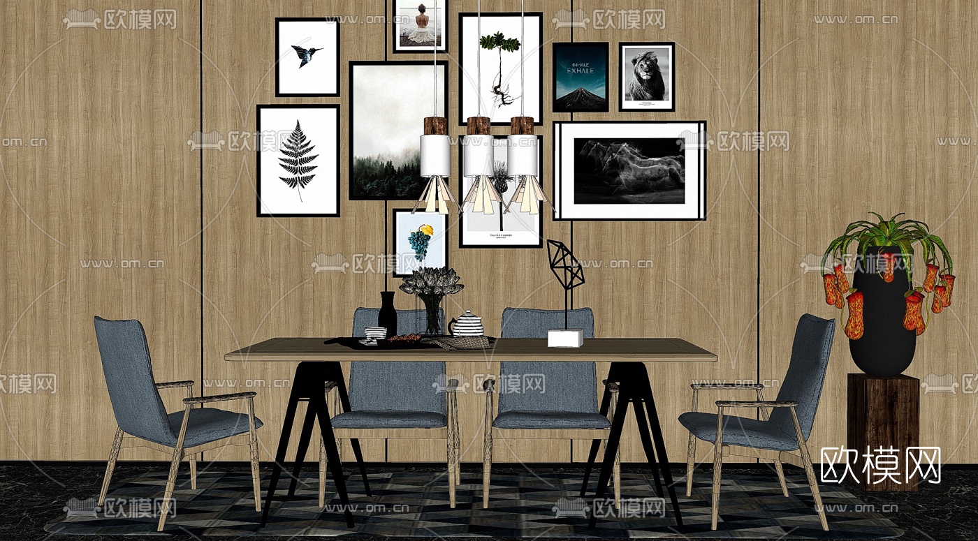 北欧餐桌椅组合su模型下载
