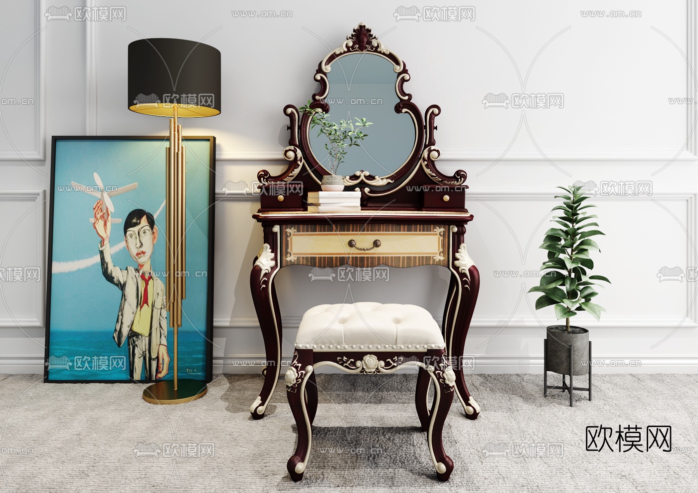 美式雕花梳妆台3d模型下载（渲染图1）