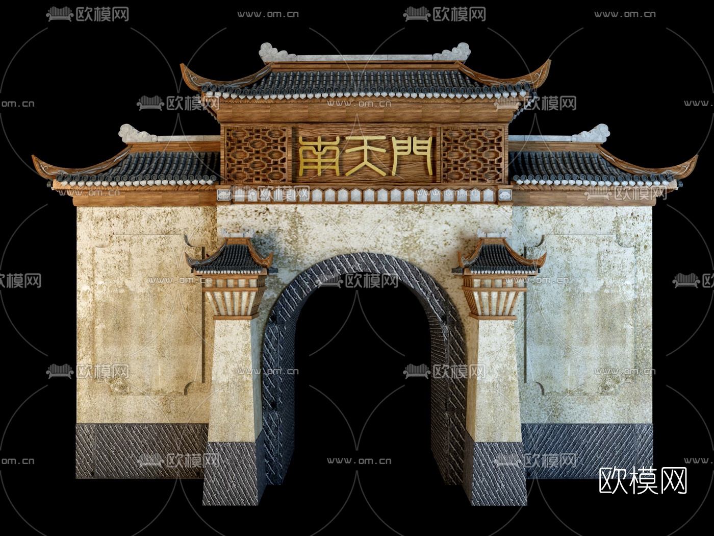 中式门头牌坊3d模型下载（渲染图1）