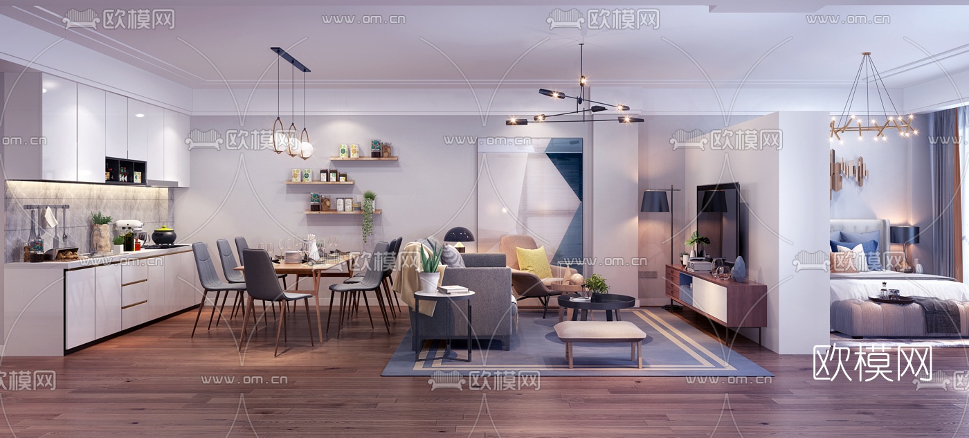 北欧公寓客厅餐厅卧室3d模型