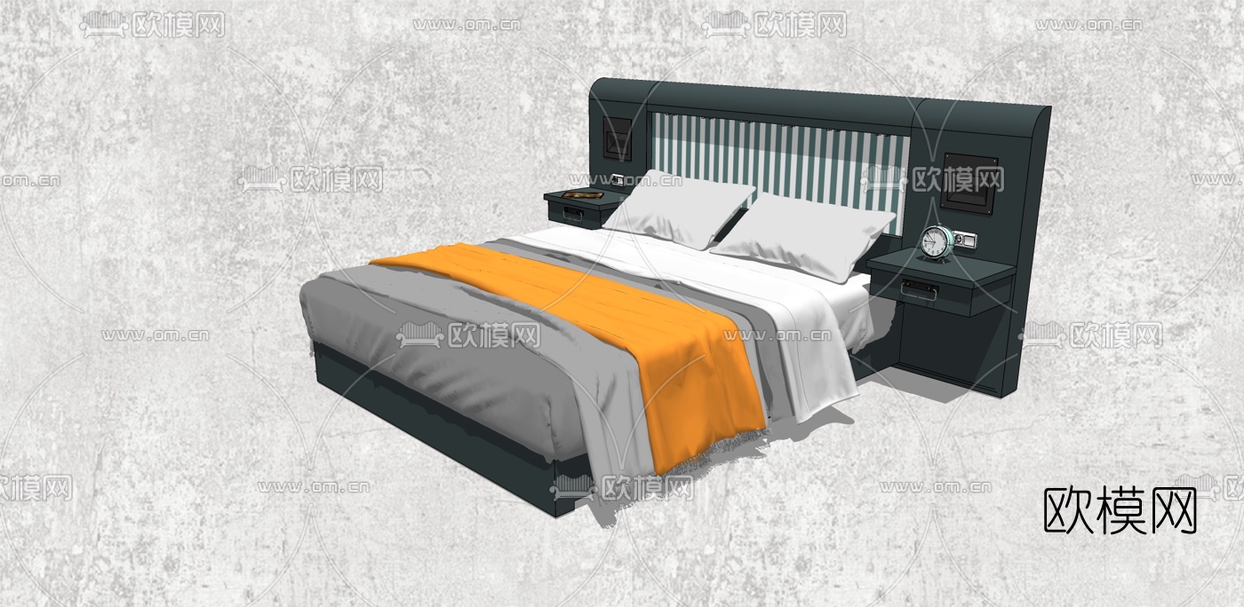 现代双人床su模型下载（渲染图1）